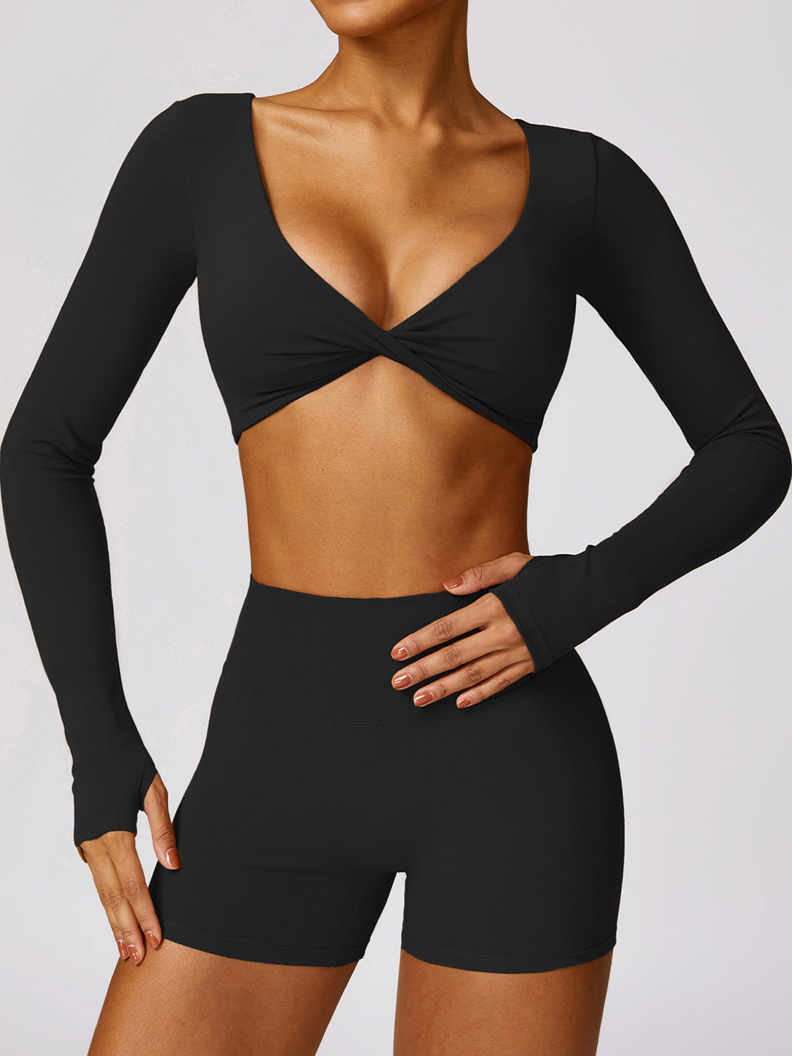 Twisted V-Neck Long Sleeve Active Top